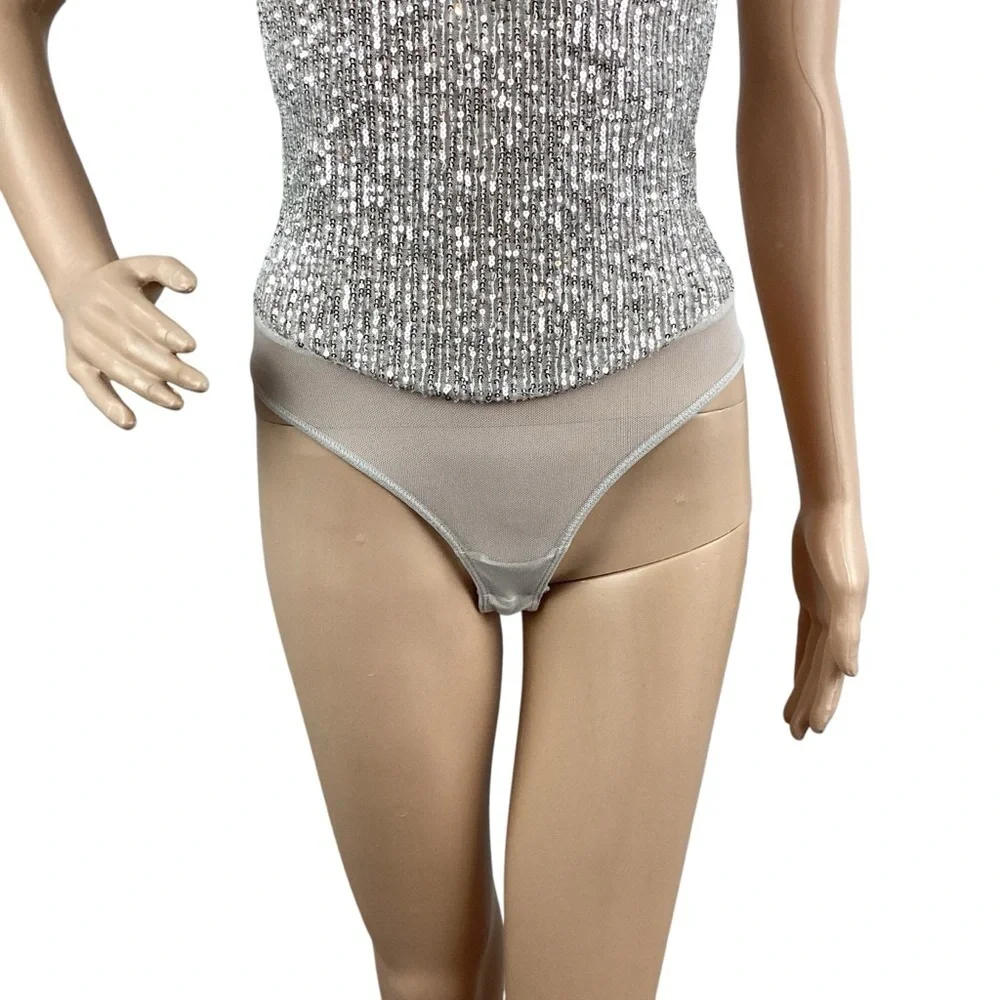 Free People Sparks Fly Thong Sequin Bodysuit Size XS Silver Combo